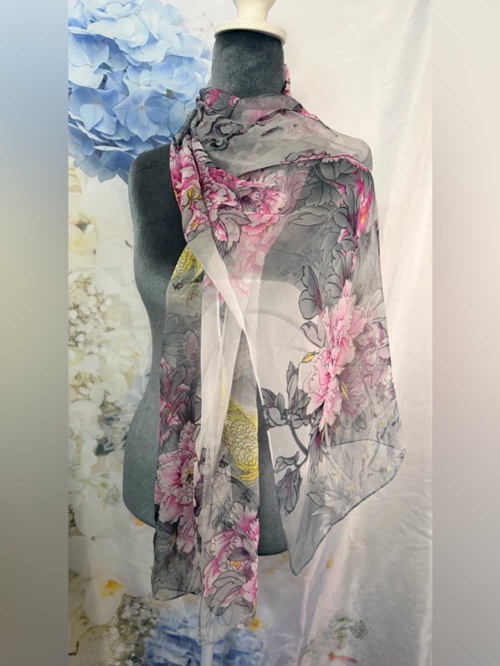 Floral Pink & Gray Lightweight Women's Sheer Scarf 63x19 Birds Floral feminine